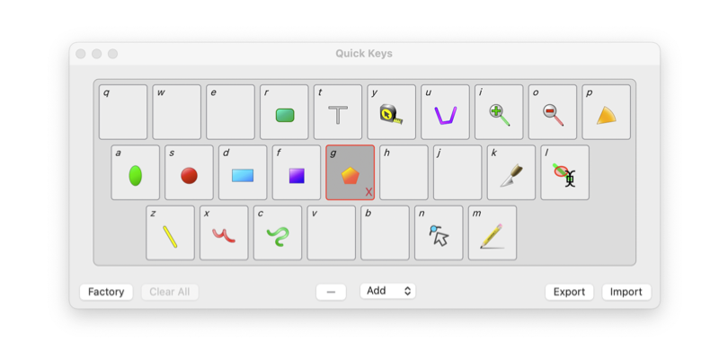 EazyDraw user configured short cut keyboard, quick-keys.