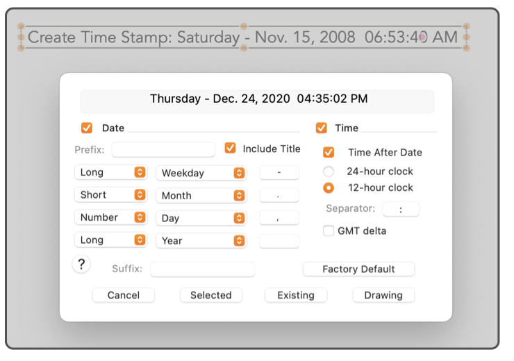 EazyDraw drawing time stamp settings.